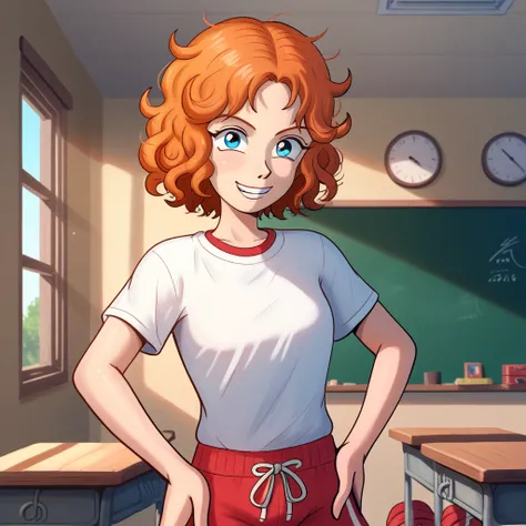  score_9_up, score_8_up, score_7_up, BREAK, JFMstudios, 1girl, solo, melissaSDXL,1girl,blue eyes,short hair,orange hair,,curly hair,cowboy shot,room,classroom background,,hands on hips, white shirt, red gym shorts, red shoes, smile