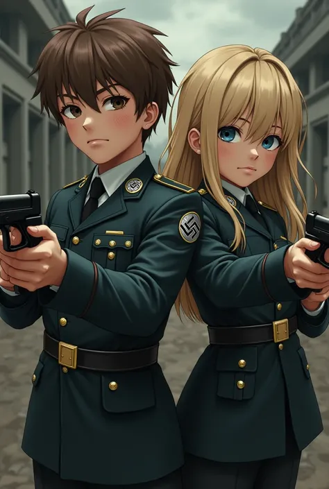 I want you to make a brown anime-style boy not too dark with a military cut and a girl with long blond hair white with blue eyes, both wearing Nazi uniforms and a gun in their hand 