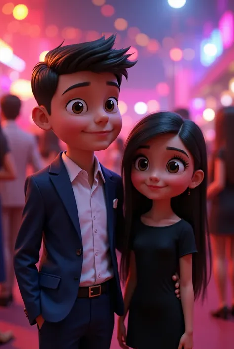 Disney Pixart 3d night party 
Tall cuddly boy 
, with white shirt navy blue formal suit, short hair 
Girl with long straight hair ,  black dress,  short sleeve long eyelashes red lips 