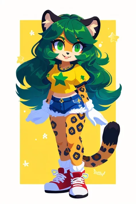 Female jaguar cat-haystack sound style,  Big wavy black hair , Water green hair , Cabelo Flores , white socks, Tail with blue denim shorts,  high sneakers Anabela yellow blue and green , Cropped White and Gold Gypsy , Gold stars gold gloves white with gree...