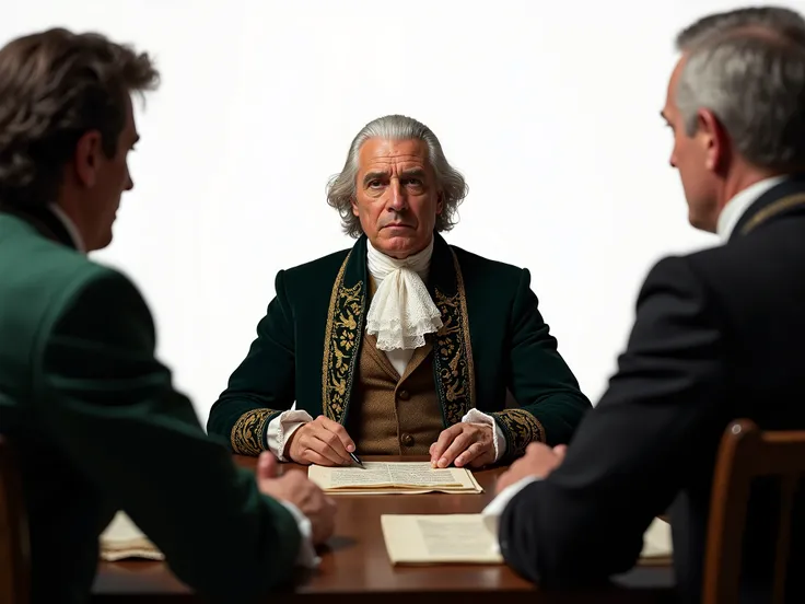 Close up high quality photograph of Mexican diplomat dealing with US diplomats in the 18th century. White background.