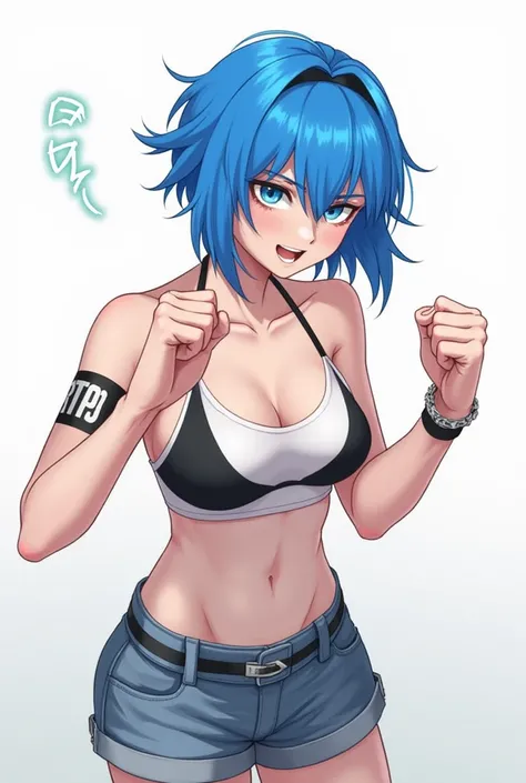  Digital art of a blue-haired female character with fringe,  the character wears casual clothes shorts and strappy blouse , The character is a fighter with her fists clenched 