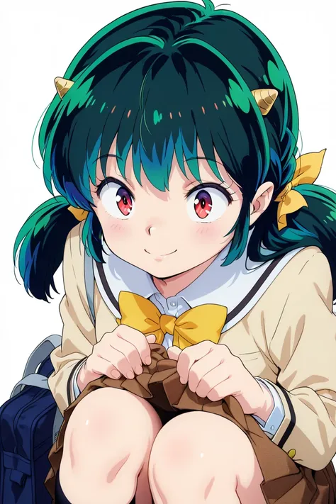 The season is spring, Urusei Yatsura Ram-chan, red eyes, blue eye shadow, blue eye shadow, long dark green hair, 1cm triangle horns on the side of the head, skirt to the knees, uniform color is white, ribbon is yellow, smile with great joy, bag in one hand...