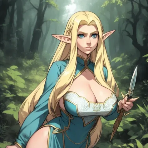 a female elf with long blonde hair,  pointy ears ,  big blue eyes ,  Thin Lips,  round face,  big boobs, Wearing elf clothes, female elf, throw,  holding a dagger ,  In the forest