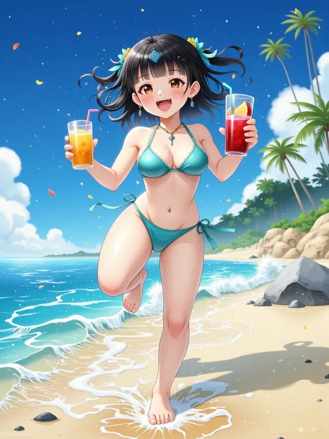 A cute Chinese Jiangshi girl, wearing a bikini-style Jiangshi outfit, runs happily on the beach. She has a cute bun face, black bangs, a talisman on her forehead, pale skin, and a blue-green bikini Jiangshi outfit that reveals her belly button, with frayed...