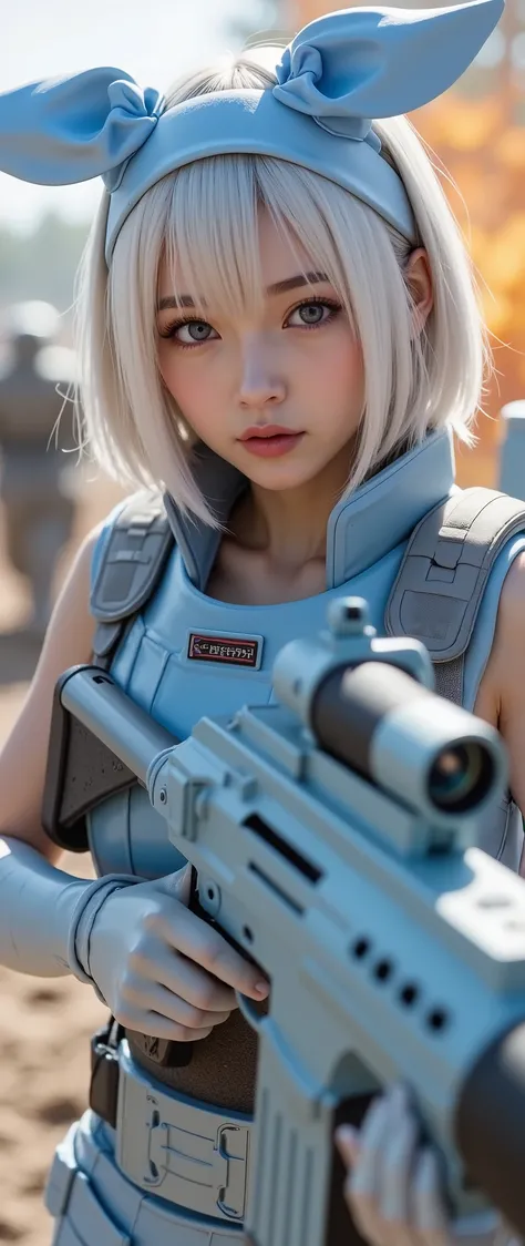  running towards the battlefield with a rifle :1.4 ,  a female soldier wearing cute pastel blue gear   ,(( background is battlefield です))、 ((, beautiful, and dark makeup :1.4))、 holding a pastel blue rifle in her hand 、A cute female soldier carrying a muzz...