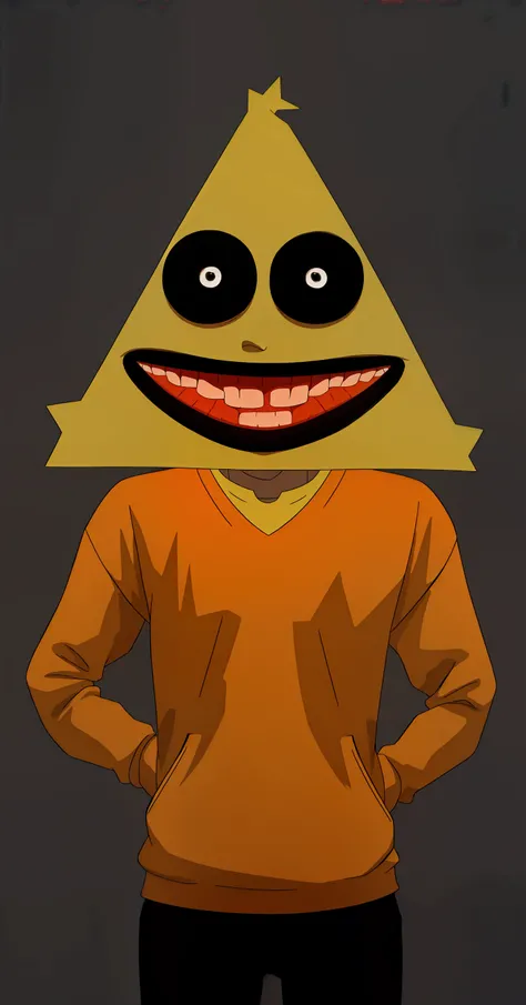  An entity with a yellow triangle head,  wearing an orange sweater ,  with a macabre smile ,  serroteo (DAISHIKAWA )