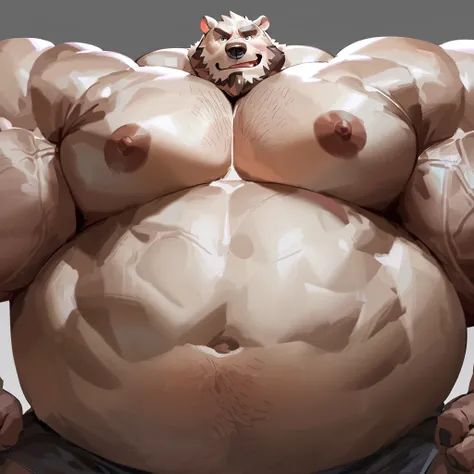 lindong, 1boy, 1man, solo, (furry polar bear), (topless, shirtless, shorts), well-muscled old man, bearded, snowy mountain. ((chubby, fat belly, huge belly, massive belly, extremely huge muscular, massive muscular, nipples, extremely muscle size, super thi...