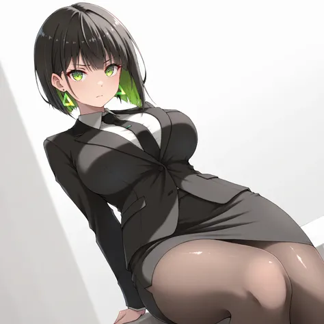 masterpiece, (((( best quality )))),1 girl, Japanese Anime ,,shiny skin, wearing a black suit,skirt suit, black tie , dark hair, short bob hair,The inner color of the hair is green, green eyes,isosceles triangle earrings, black tights,large breasts