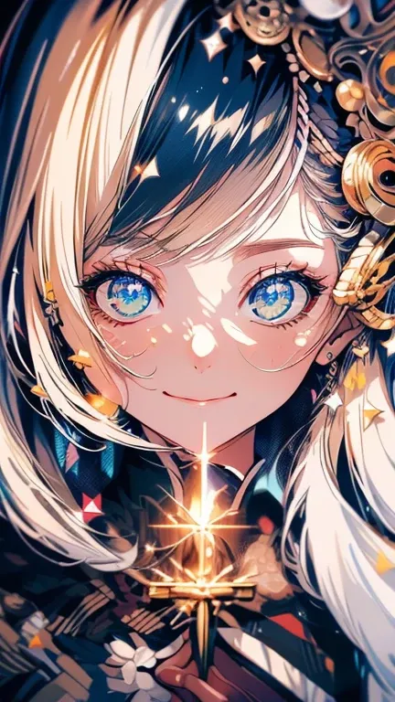     in the seat,  long hair, bangs,  blond,  kind eyes ,  Innocent,  bright smile, Gold Kimono,   bright ,  Wide range of colors,   colorful , (Depiction of the Wind 1.3) , Draw with thick lines, Sparkling,  Beautiful light and dark   ,  BEAUTIFUL DETAILED...