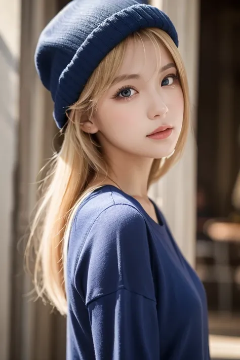  portrait of a blond girl in a blue hat and blue shirt