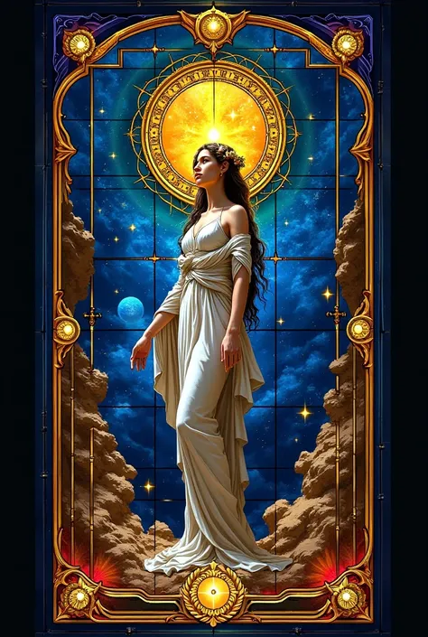 a Tarot card representing a stained glass window, that of the World.