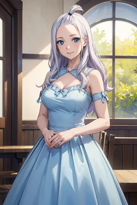 (best quality,4k,8k,highres,masterpiece:1.2),ultra-detailed,realistic,photorealistic:1.37, Mirajane Strauss with a beautiful smile wearing a light blue dress 