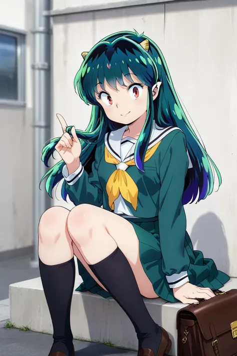 The season is spring, Urusei Yatsura Ram-chan, red eyes, blue eye shadow, blue eye shadow, long dark green waist length hair, 1cm triangle horns on the side of the head, skirt to the knees, uniform color is white, ribbon is yellow, smile with great joy, ba...