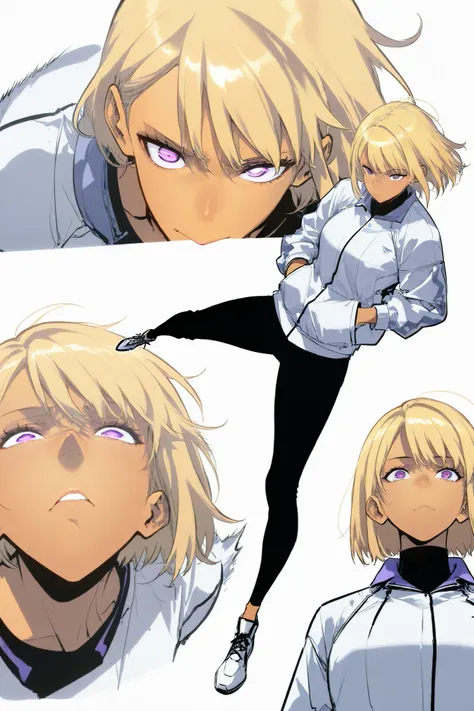 Athletic woman in futuristic fantasy clothes, blonde hair , purple eyes, tan, tight white jacket, black pant, intricate pencil sketch, expressive eyes and nose and mouth, un-zoom, highly detailed, dynamic pose, white background, Hans in pockets, upperbody