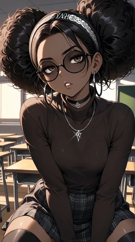 1Girl, Mature, Ebony, African American, Dark Skin, Jet Black Hair, Afro, Double Bun, Shiny Hair, Bright Brown Eyes, Black Nails, Dark Brown Eye Shadow, Medium Chest, Brown Turtleneck Shirt, Black Circular Glasses , Black Plaid Skirt, Black High-Thigh Socks...