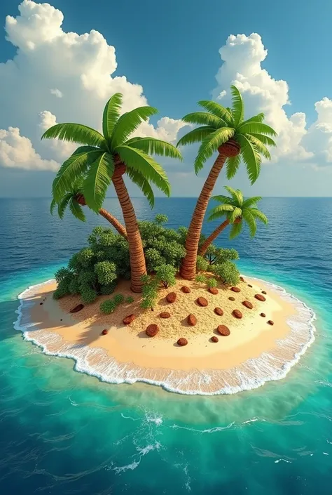 island made of sweet and savory food, a beach made of fudge cookie crumbs, palm trees made of cake and chocolate , and caremel water and creaks, all foods are made so that you'll gain weight once eaten