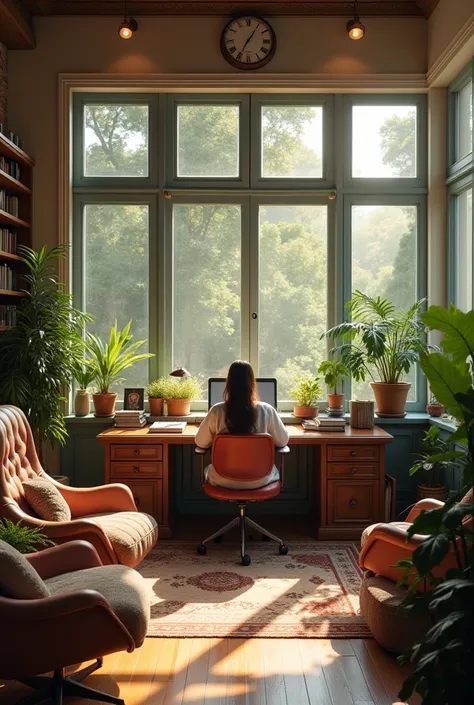  psychological office , comfortable, aesthetic, that has little plants ,  nice furniture with lots of books , a clock,  some comfortable chairs or armchairs for the therapist and the patient