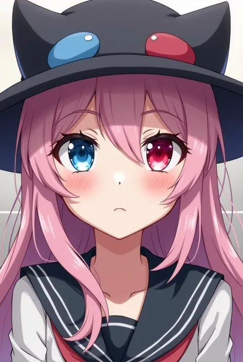  The anime character is a woman wearing a funny hat with two colors of eyes.,  blue and red . The shape of the face is V-shaped ,  can be divided into parts of the image. .