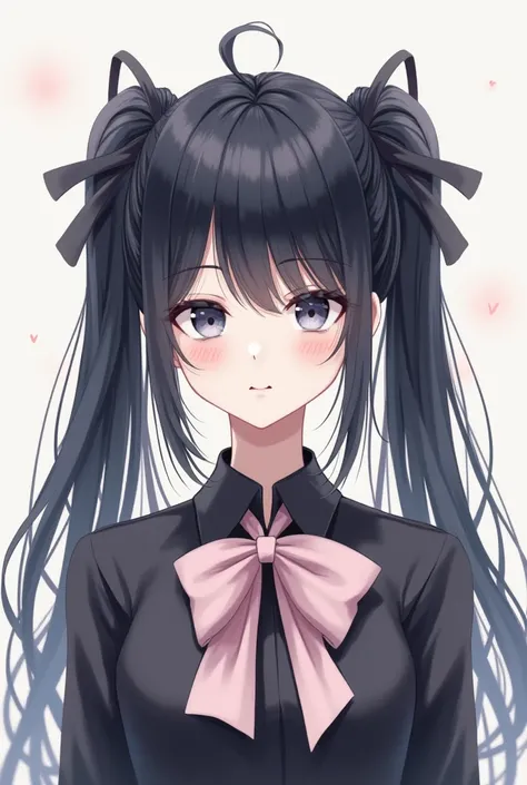 Anime girl white skin without a face long black hair with two tails a little bow on the girl's bangs white skin black shirt with pastel pink bow, 