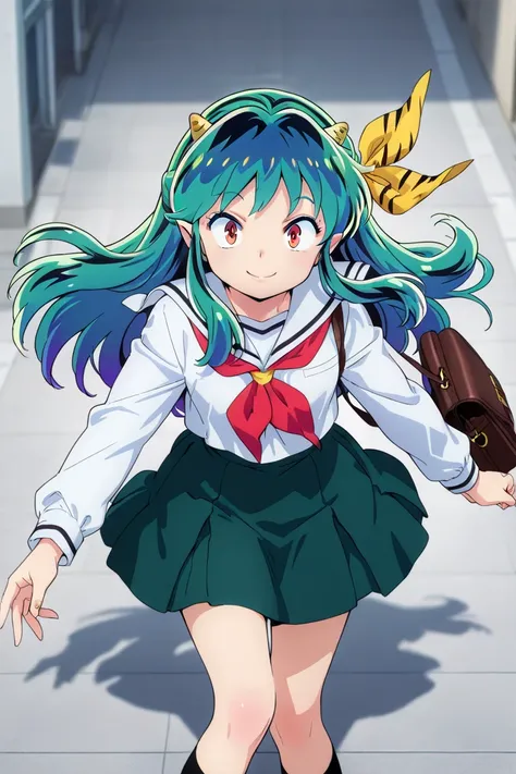 The season is spring, Urusei Yatsura Ram-chan, red eyes, blue eye shadow, blue eye shadow, long dark green waist length hair, 1cm triangle horns on the side of the head, skirt to the knees, uniform color is white, ribbon is yellow, smile with great joy, ba...