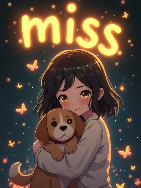 create a anime picture where one girl hug her dog and Metalic golden bold neon text written "MISS"background should be black with butterfly