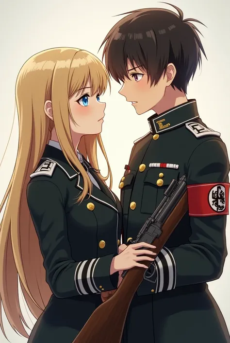  I want you to make a young couple a Nazi girl with long blond hair and blue eyes in a German uniform, And a young Asian-colored dark-eyed man with an anime-style rifle in his hand