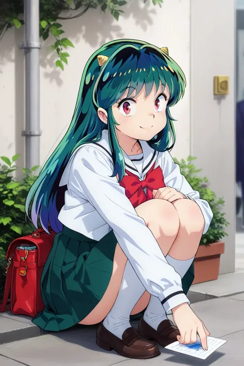 The season is spring, Urusei Yatsura Ram-chan, red eyes, blue eye shadow, blue eye shadow, long dark green waist length hair, 1cm triangle horns on the side of the head, skirt to the knees, uniform color is white, ribbon is yellow, smile with great joy, ba...