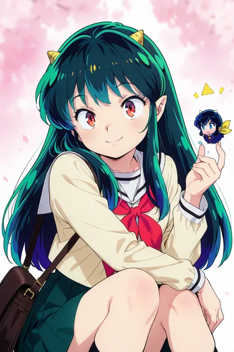 The season is spring, Urusei Yatsura Ram-chan, red eyes, blue eye shadow, blue eye shadow, long dark green waist length hair, 1cm triangle horns on the side of the head, skirt to the knees, uniform color is white, ribbon is yellow, smile with great joy, ba...