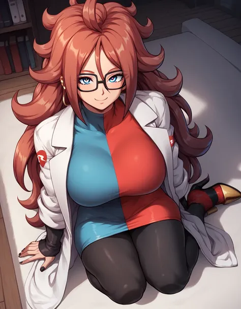 Android 21,  blue eyes,  red hair, cups,   long hair, very   long hair,  black-framed glasses ,  smile,
black sleeves, black nail color  , checkered clothes, checkered  dress,  highlighted sleeves ,  dress, lab coat,   high throat ,
 inside the house,
 loo...