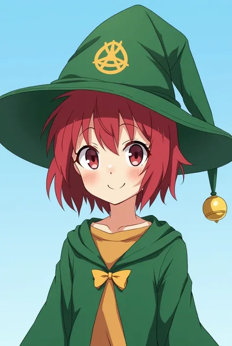 A not-too-tall person , wear,  smiled without showing their teeth,  Short red hair, with a green wizard's hat with bells at the ends and a bell symbol printed in the middle of the hat,  anime style, blue background