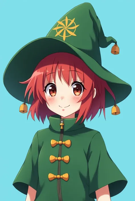 A not-too-tall person , wear,  smiled without showing their teeth,  Short red hair, with a green wizard's hat with bells at the ends and a bell symbol printed in the middle of the hat,  anime style, blue background