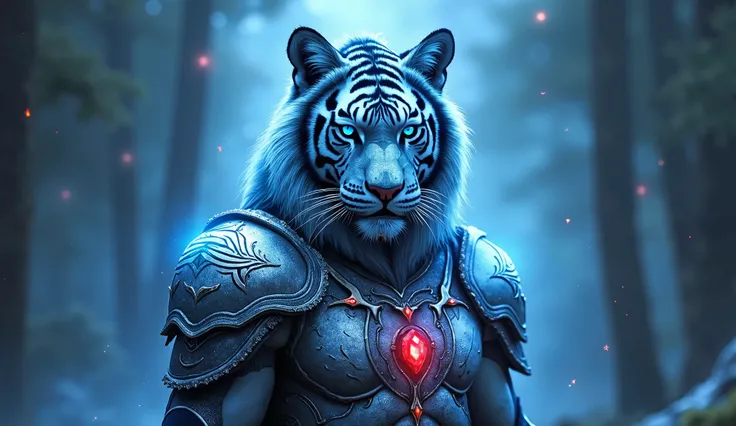 Create an anthropomorphic being with the head of a tiger and another with the head of a lion , a strong and powerful warrior who looks like an alien GOD from the constellation SIRIUS , A feline being that fights for honor.  your armor is silver and with a ...