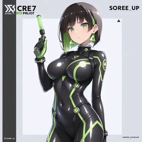 masterpiece, (((( best quality )))),1 girl, Japanese Anime ,character profilele,shiny skin, wearing a black pilot suit, dark hair, short bob hair,The inner color of the hair is green, green eyes,isosceles triangle earrings, black tights,large breasts,Ride ...