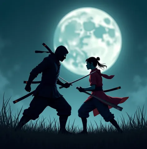 Ninja fighting a shinobi girl , both 19yers old , both preparing to fight when they looking to each others , place: large area of grass ander moon light , ninja drops from up with blade attack and the girl defending with combo attack in hard fight 