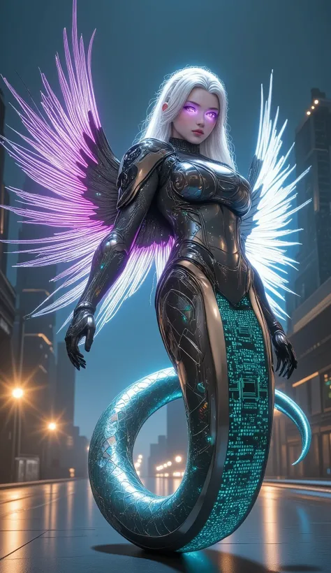 Create a massive, futuristic Serpent Woman, towering above a vast, quantum cyber city. Her upper body is human, but armored in sleek, advanced combat gear, featuring futuristic plating, glowing circuits, and neon accents, giving her the appearance of a hig...