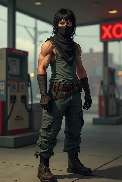  Create an RPG character with a balaclava ,  a tank top and cargo pants with a boot , Create it in,  a gas station , (He's in a zombie apocalypse )  he has brown eyes and black hair sticking to the eye but not covering.