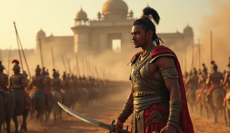 (photorealism:1.2), "A fierce young warrior, Ashoka, dressed in traditional Mauryan armor, wielding a sword, leading an army into battle. The battlefield is filled with soldiers on elephants and horses, dust rising in the air, and a grand ancient Indian fo...