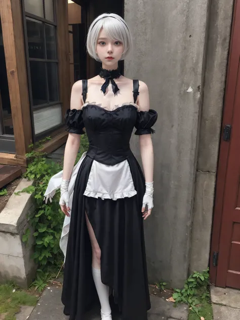 Nier:Beautiful cosplay of 2b from Automata、A woman cosplaying as 2b、White skin、tall、21 years old、Englishman、Nier:2b&#39;s black costume from Automata、Light background、  Fantasy white church in the background、Standing cool in the middle of a white church、Sh...