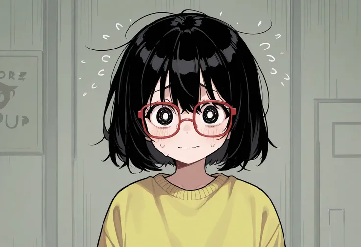 solo, woman, girl, glasses, nerd vibes, black hair, nervous, round eyes, lazy cloths, red glasses
rectangular glasses 