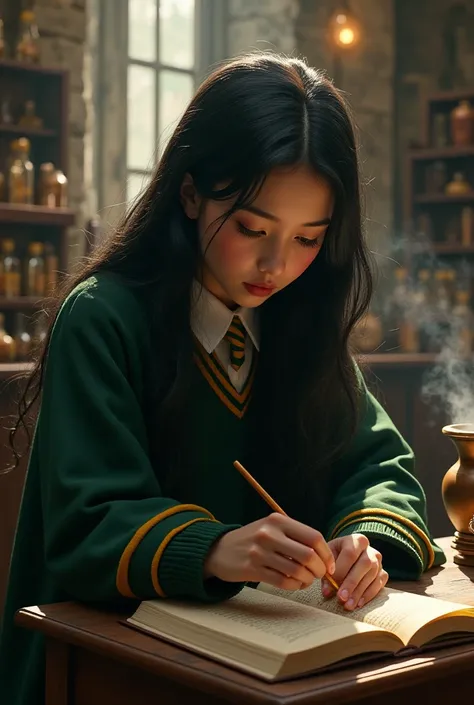 female student,  with black hair and black eyes ,  wearing the Hufflepuff uniform, in potion classes 