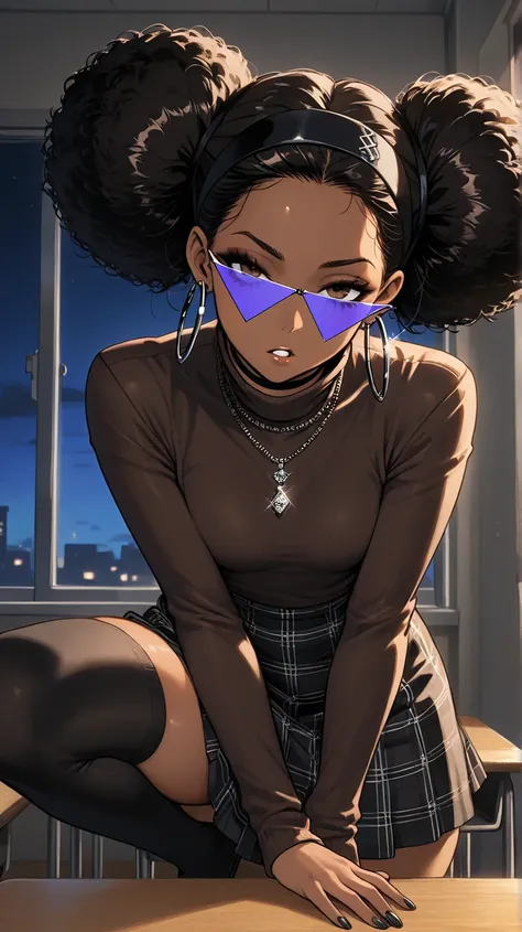 1Girl, Mature, Ebony, African American, Dark Skin, Jet Black Hair, Afro, Double Bun, Shiny Hair, Bright Brown Eyes, Black Nails, Dark Brown Eye Shadow, Medium Chest, Brown Turtleneck Shirt, Black Triangular Glasses , Black Plaid Skirt, Black High-Thigh Soc...