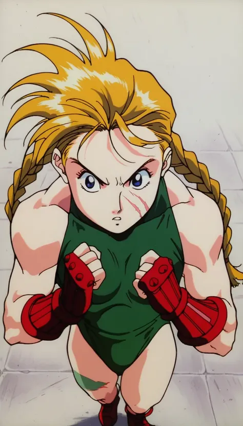 score_9, score_8_above, score_7_above, 1 ,  alone, c4mmy_1994,  blond hair, twin braids,  blue eyes, scar, killed, green swimsuit,  fingerless gloves,  arms crossed,  looking at the spectator,  parted lips , standing, legs together, tiro de cowboy, 90s sty...