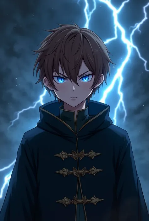   An adult wizard with eyes that highlight the power of thunder ,  I don't want an electric background  , Let the animation style be anime with a medieval touch, medium elegant dress ,  That can be seen from the hip up , With short hair and brown hair colo...