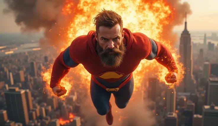 SUPERMAN with beard and moustache blowing fireballs from his mouth while flying in the sky over new York city 