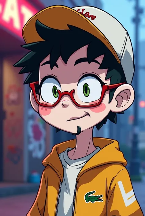 Make a cartoonized character, lil chainzz type, half anime, Lacoste cap, glasses,  white skin,  goatee