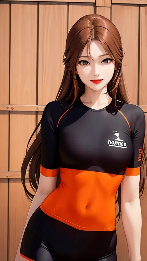 woman is smile, long hair brown, she is solo, from alternative world ,best quality, realistic, cycling full orange black color suit and cycling sports shorts, she is stand , red lipstick 