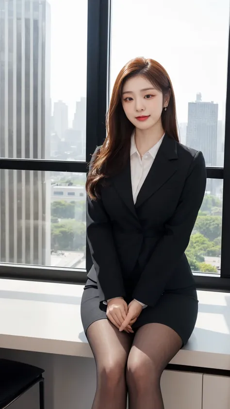 A strikingly beautiful woman with a perfectly sculpted physique, long slender legs, a toned waist, and flawless smooth skin. She is the CEO of a high-rise corporate office, exuding confidence, power, and elegance. Her radiant smile and poised demeanor refl...