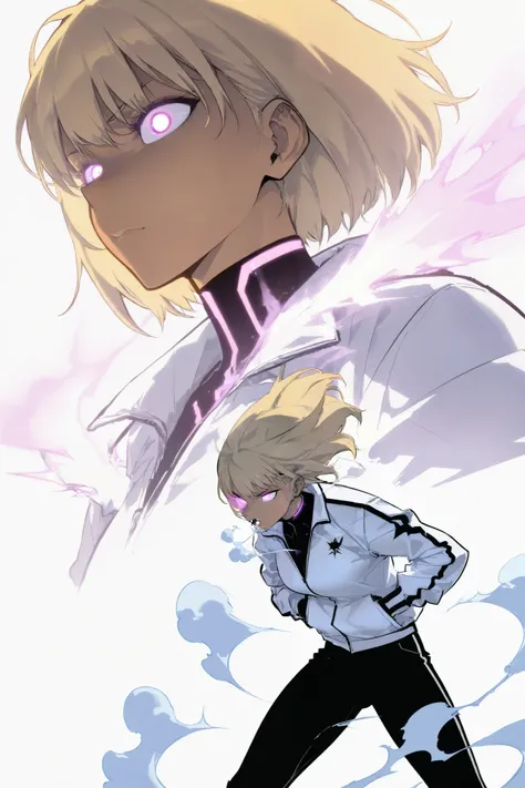 Athletic woman in futuristic fantasy clothes, blonde hair , purple eyes, glowing eyes, tan, tight white jacket, black pant, ice power, steam coming out of her mouth, intricate pencil sketch, expressive eyes and nose and mouth, un-zoom, highly detailed, dyn...