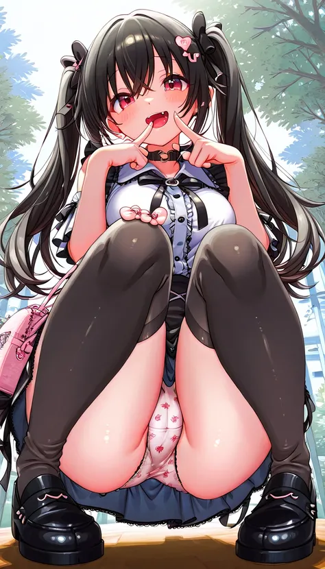   girl 、 alone、    Japanese  、ribbon,     Hair Ornament  、   normal breasts、   embarrassing、Cute clothes、   miniskirt 、   Printed Panty     、   twin tails、   Dynamic Poses  、   natural smile   、   wink、   GREAT STYLE    、    black hair、  long hair、現実的な  gi...